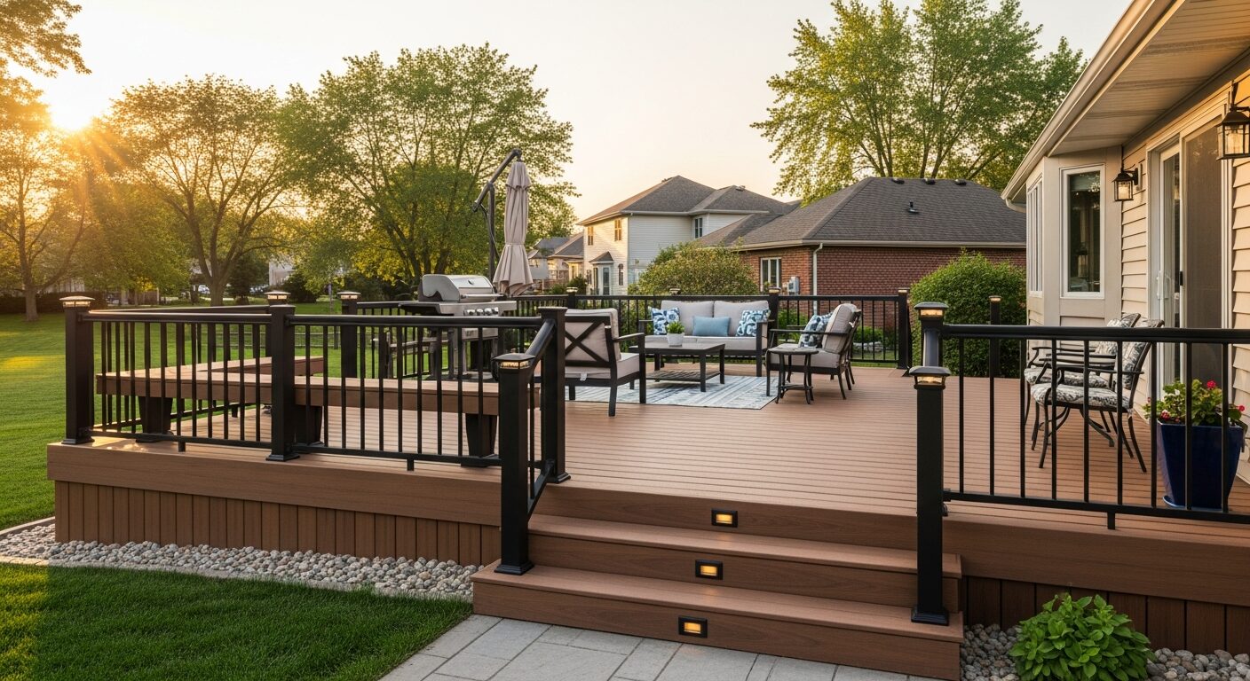 Outdoor living spaces on a finished custom deck built by Big Pine Decks near Elkhorn, NE